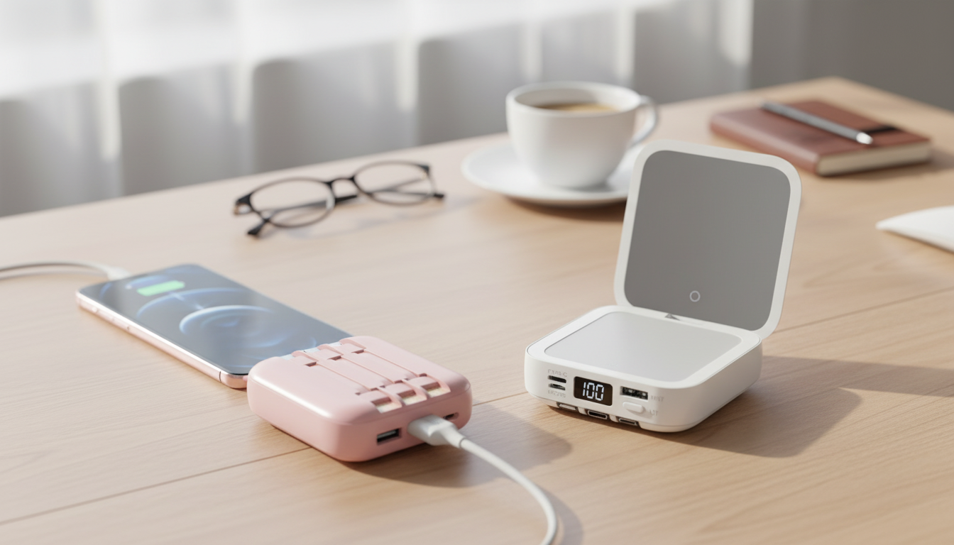 Mini 20000mAh Power Bank with Mirror & Built-In Cable